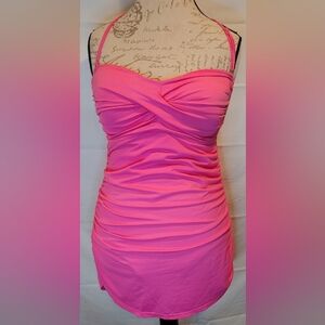 Ann Cole Sweetheart Bandeau Twist-Front Ruched Pink One-Piece Swimsuit Size 12